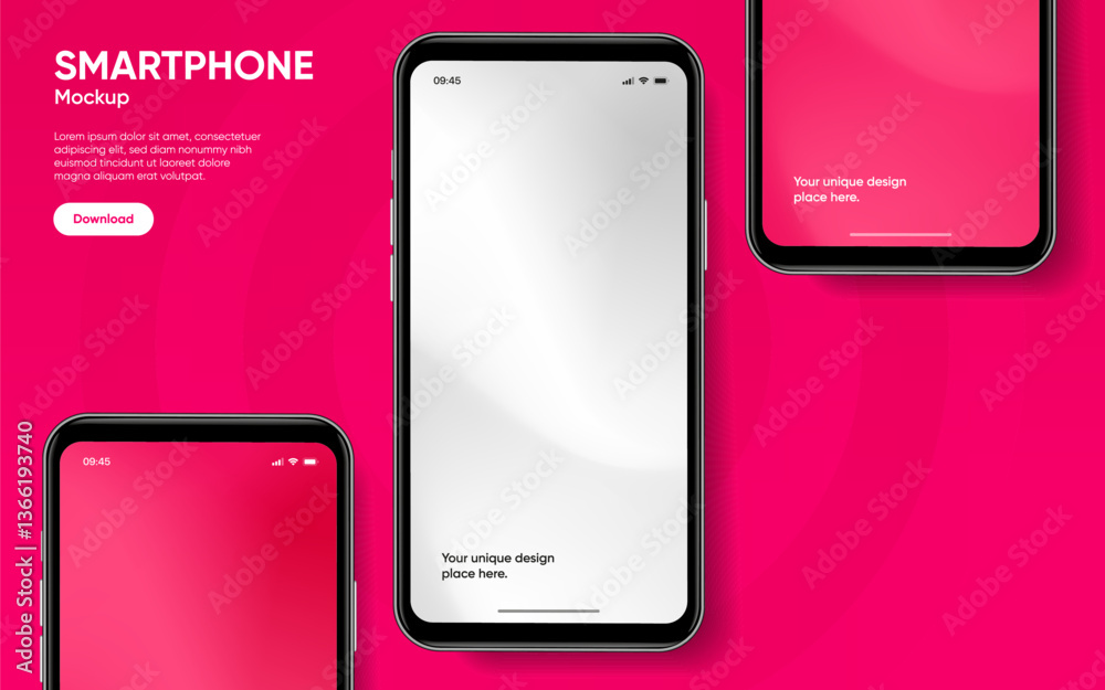 Poster Realistic smartphone mockup. Mobile phone vector with isolated on white background. Device front view. 3D mobile phone with shadow. Realistic, high quality smart phone mockup for ui ux presentation.