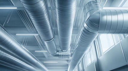 Modern Ceiling with Silver Industrial Ventilation Ductwork and Lighting Fixtures for Architectural Design, Interior Views