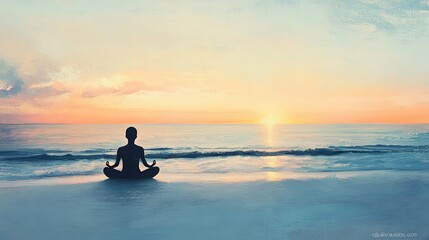 Fototapeta premium Serene Sunset Meditation Beach Yoga Silhouette Peaceful Ocean Tranquil Sunrise Calm Mindfulness Spiritual Practice Yoga Pose Relaxation Ocean View 