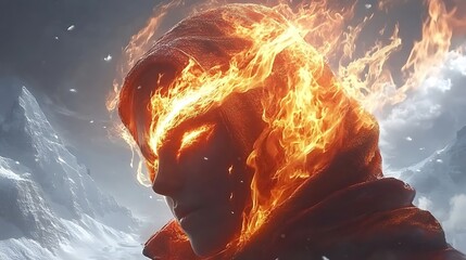 A person wearing a cloak with flames engulfing their head