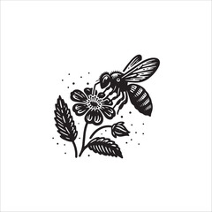 Simple Honeybee Pollinating Flower Vector Icon – Vintage Logo & Retro Illustration
