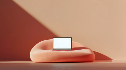 A laptop with a blank screen for mockup on a sofa with cushions, against a paneled peach color wall.