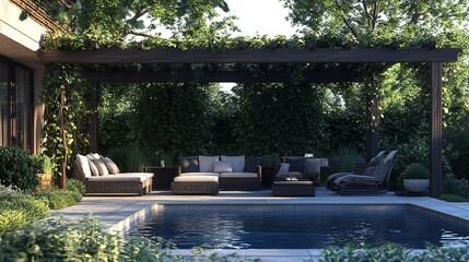 Fototapeta premium Luxury Backyard Oasis Modern Poolside Pergola Design Elegant Patio Furniture Comfortable Seating Area Relaxing Summer Landscape Tranquil Garden 