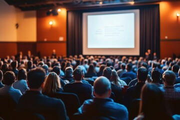 a business conference with a presentation on stage and an audience in the hall. People are engaged in business discussions