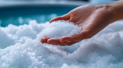 Fototapeta premium Close-up view of female hand holding pile of salt crystals, spa therapy