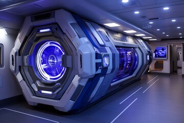 A futuristic chamber glowing with neon blue illuminated technology