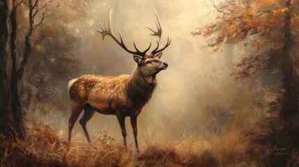 A majestic deer with large antlers standing in an autumn forest, surrounded by warm golden light and colorful foliage, exuding serenity and natural beauty.. AI Generation