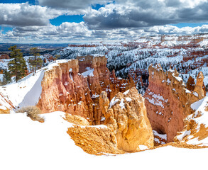 Panorama landscape of pinnacles of Bryce Canyon National Park covered in snow, Utah USA