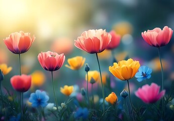 Colorful Flower Field with Pink, Yellow, and Blue Blooms in Sunlight

