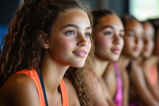 Group of diverse sporty girls sitting at sports hall