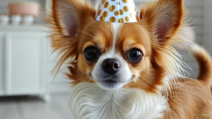 A playful chihuahua dons a cheerful party hat, surrounded by bright decorations in a vibrant indoor space as it celebrates its birthday - Powered by Adobe