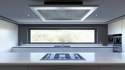 Fototapeta premium Modern Kitchen Design with Integrated Range Hood and Large Window