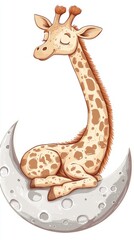 Adorable cartoon giraffe peacefully resting on a crescent moon. Soft pastel colors and charming details make it perfect for children. AI Generation