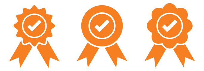 Quality certify badge icon. Qualification certificate medal. Quality award ribbon sign. Approved or certified medal icon. Certified badge. Approval check symbol. Achievement, award, badge icon. 