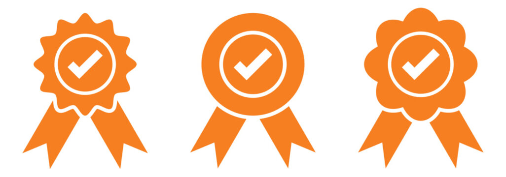 Quality certify badge icon. Qualification certificate medal. Quality award ribbon sign. Approved or certified medal icon. Certified badge. Approval check symbol. Achievement, award, badge icon. 