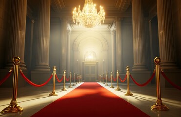 A red carpet leads to the entrance of an elegant hall with golden stanchions and ropes on both sides