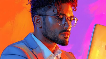 Fototapeta premium Business professional with glasses engaged in using chatgpt on laptop to enhance productivity and creative solutions