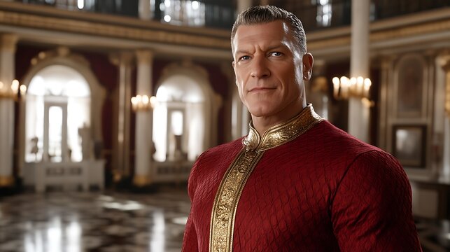 A man wearing ornate red clothes in a grand hall - Powered by Adobe