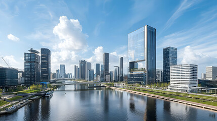 Obraz premium Modern Cityscape With Skyscrapers Reflecting in River Under Blue Sky During Daytime