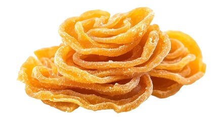 Sweet and tasty isolated snacks of baked brown sweet potato chips and dried fruit candy