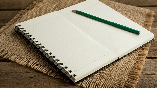 An open spiral notebook with blank pages and a green pencil resting on it, placed on a rustic burlap and wooden surface.