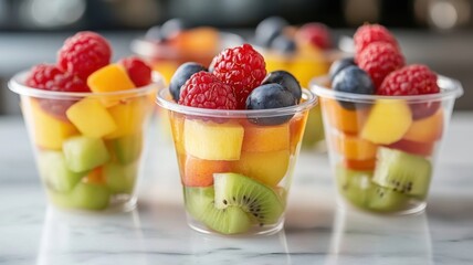 Colorful fruit cups served on a table at a summer event with fresh berries and melons