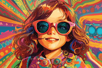 Happy little girl smiling looking upward showing teeth with sunglasses, colorful psychedelic 1970s portrait, illustration