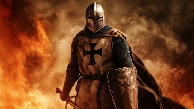 A knight in medieval costume stands in front of a campfire. Smooth repeating motion for background video animation