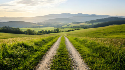 Obraz premium Dirt Path Leads Through Lush Green Fields Under a Bright Summer Sky