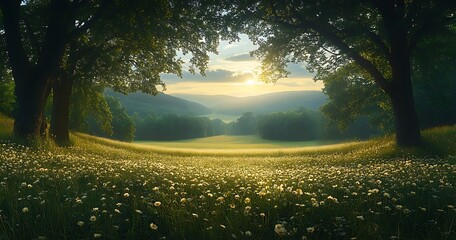 Golden Sunlight Over a Wildflower Meadow and Rolling Hills

