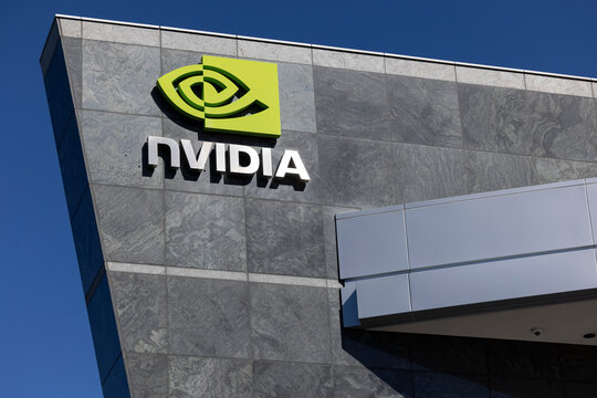 Santa Clara, California, USA - March 24, 2025: An NVIDIA logo decorates the downtown headquarters of NVIDIA.