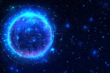 Obraz premium A Glowing Digital Circuit Board Surrounded by Celestial Stars