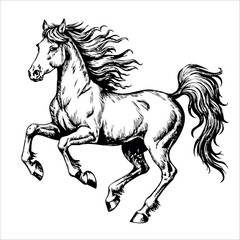 Dynamic black and white drawing of galloping horse with flying mane