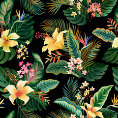 seamless floral pattern with tropical flowers and leaves on black.eps