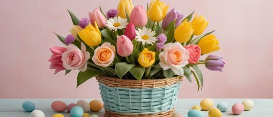 Spring floral arrangement with pastel Easter eggs in a wicker basket set against a soft pink backdrop Generative AI