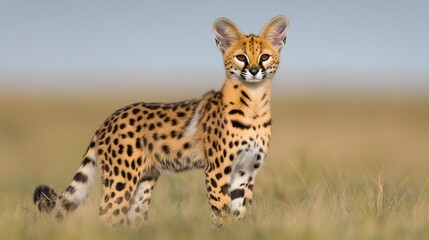 Obraz premium Sleek serval stands gracefully in tall grass, showcasing stunnin