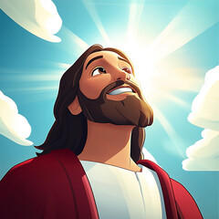 A stylized digital illustration depicting a portrait of Jesus Christ. The image utilizes a cartoon or animation style with a smooth, painterly rendering technique.  The subject is a male figure with