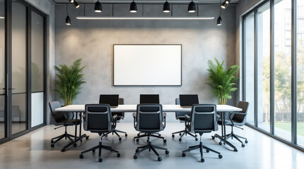 Fototapeta premium Modern coworking office with featuring laptops on large white table and presentation screen in a spacious and stylish design