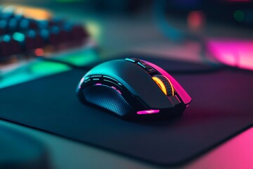 A modern gaming mouse with vibrant RGB lighting on a mousepad.