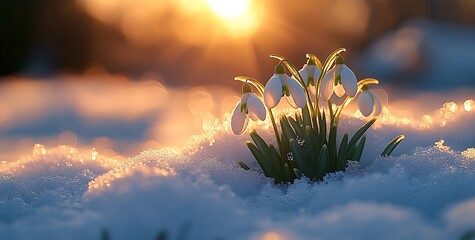 Snowdrops Blooming Through Snow in Warm Spring Sunlight

