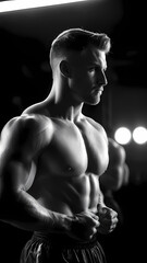 Muscular man poses confidently under bright lights at a fitness event in a gym setting Generative AI
