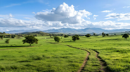 Green Landscape Under Blue Sky With White Clouds In Sunny Day With Trees And Winding Trail