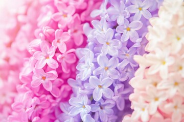 Naklejka premium Vibrant close-up of blooming spring flowers in shades of pink, fuchsia, and lilac under soft natural light capturing rich texture