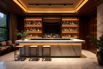 Luxurious bar with marble counters, modern shelving, and dynamic lighting