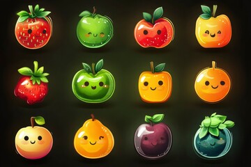 series of cute icons fruits vector style