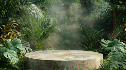 Lush Tropical Jungle Setting with Marble Stone Podium for Product Display