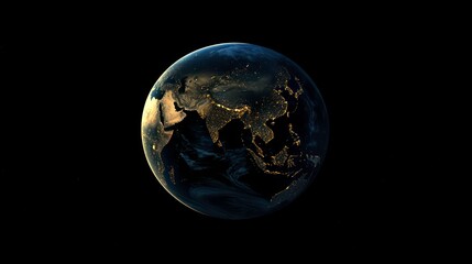 Fototapeta premium Earth seen from space at night. Planet glows with city lights. Dark space background. Planet shows continents. Night view of earth. Amazing view. Life concept. Modern civilization. High definition