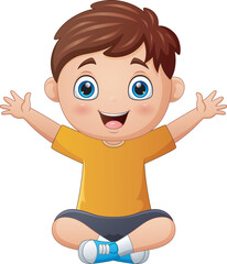 Cartoon funny little boy sitting and waving hand