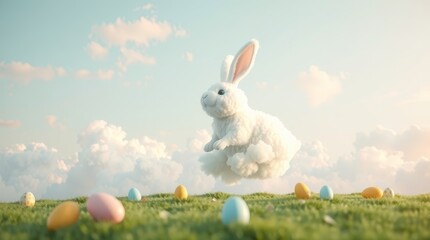 Easter bunny made of clouds hopping in the sky, hiding eggs on the ground