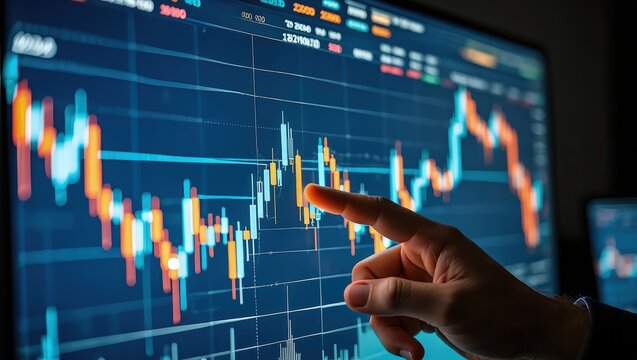 Stock market trading chart and analyzing investment opportunity. Broker touching stock exchange price graphs.